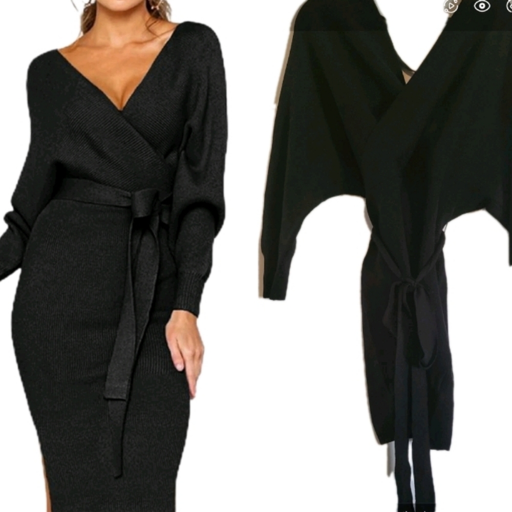 Cherfly Sweater Dress V-Neck Backless Batwing Sleeves Faux Wrap Belt Whimsigoth